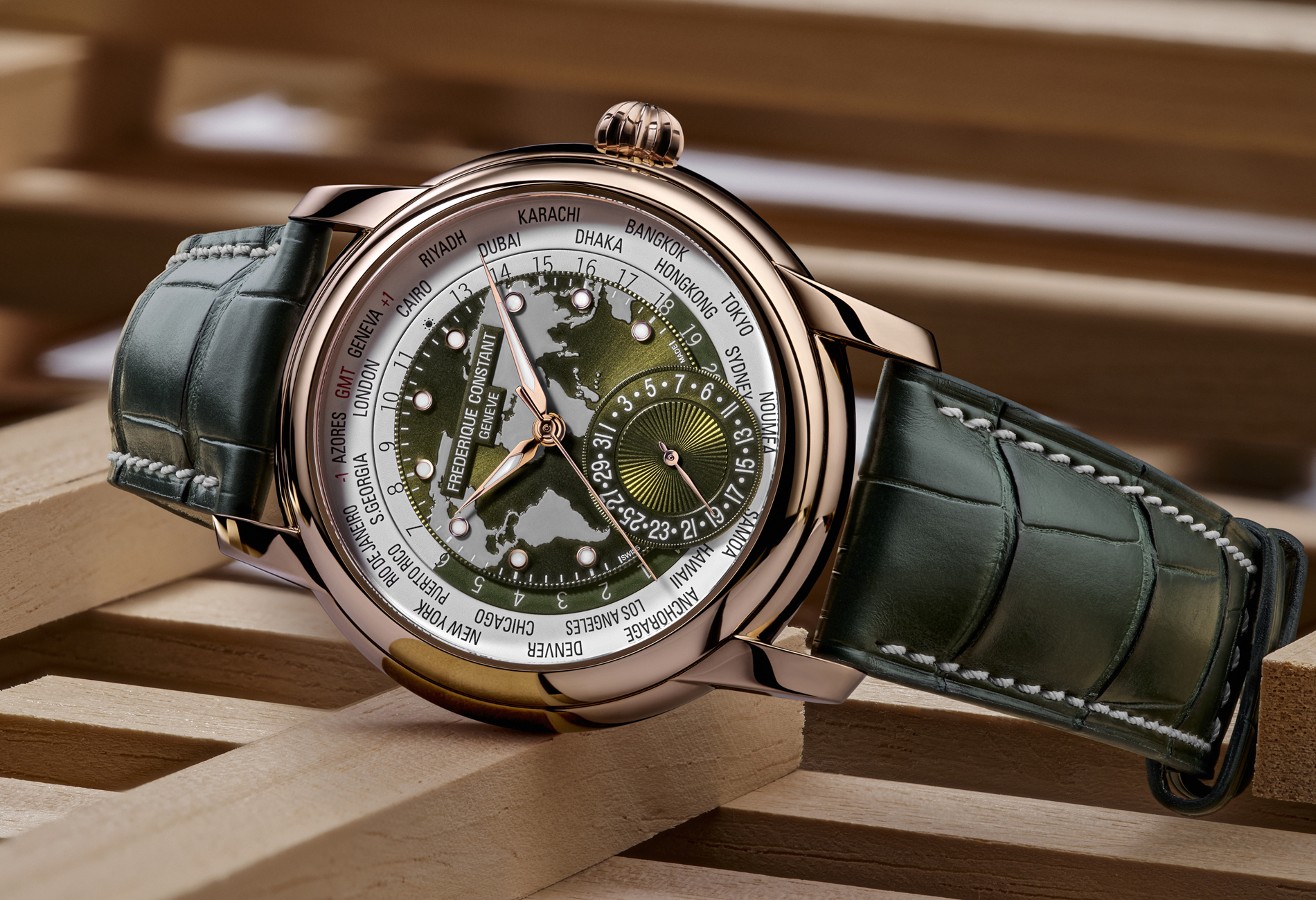 Frederique Constant Worldtimer クロコダイルレザー Frederique Constant Worldtimer goes green - WATCHPRO USA