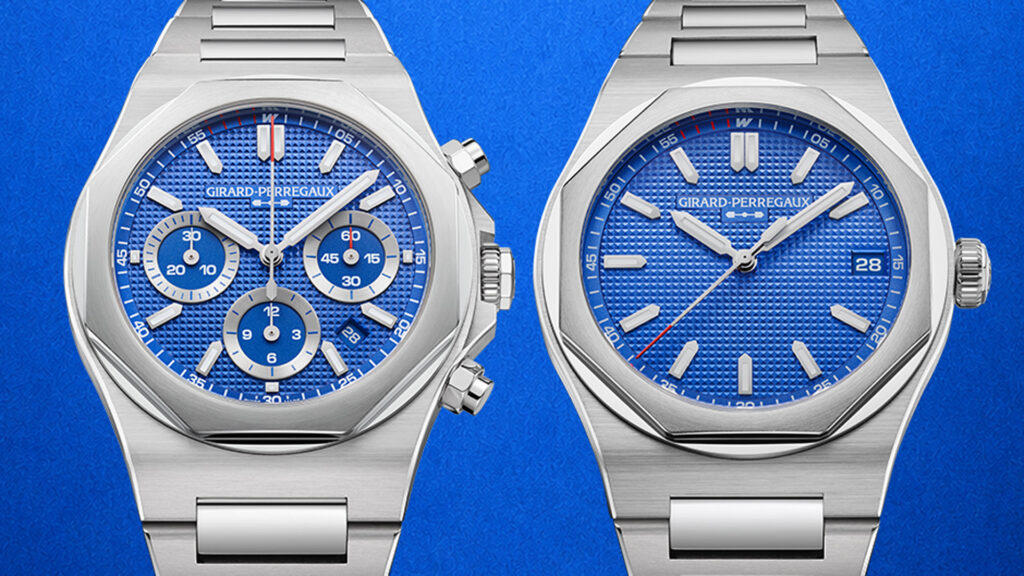 Williams Laureato chronograph with its three silvered registers next to matching time-date model